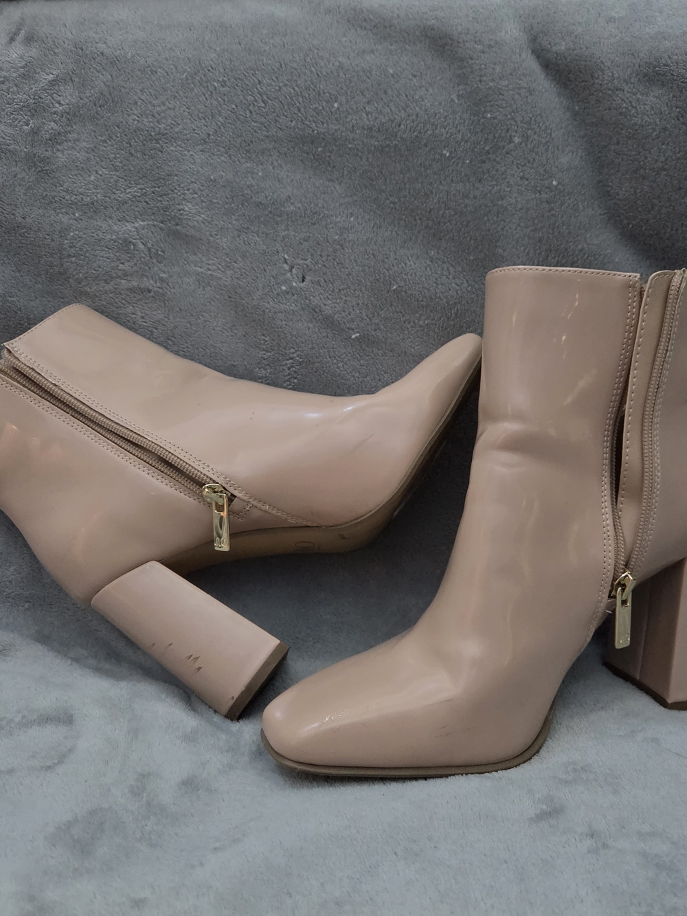 Jennifer Lopez Nude Patent Block Heel Ankle Boots